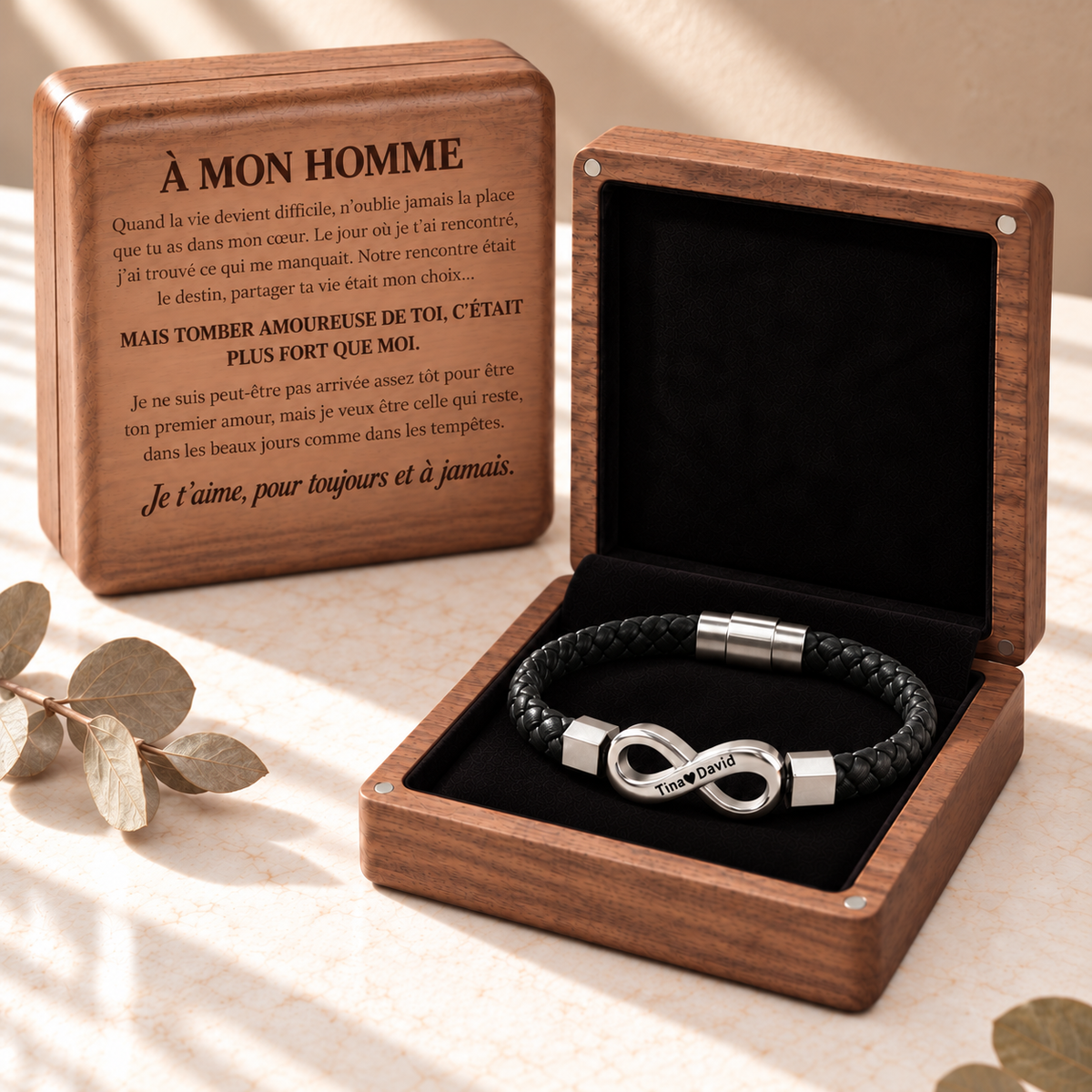 À MON HOMME - BRACELET EN CUIR PERSONNALISÉ & COFFRET EN NOYER GRAVÉ