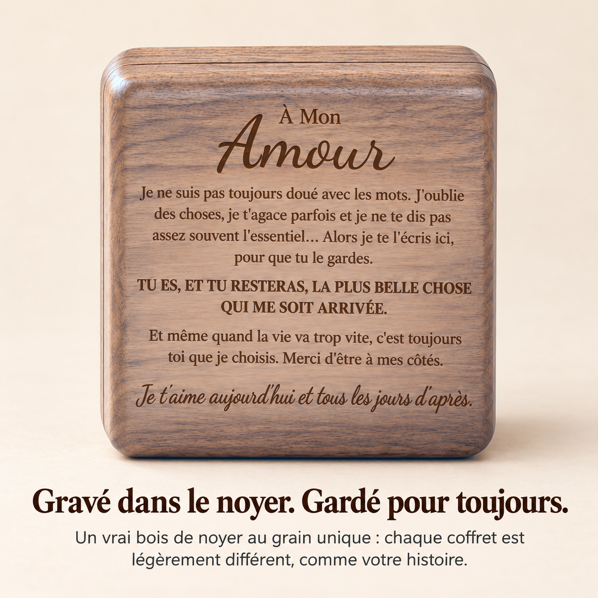 À MON AMOUR – COLLIER RUBAN POUR ELLE & COFFRET EN NOYER GRAVÉ