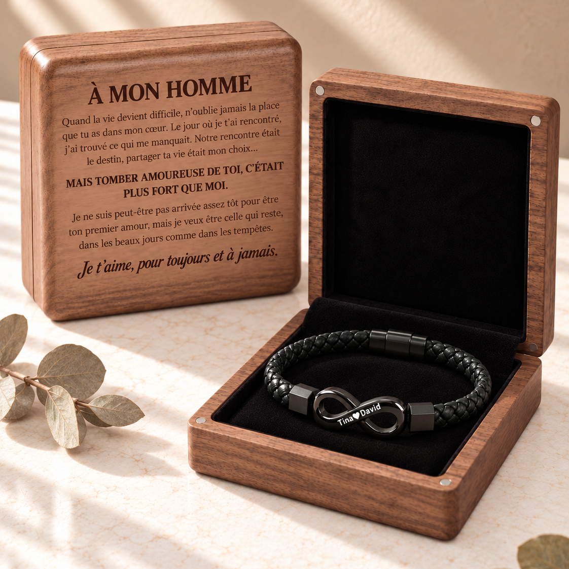À MON HOMME - BRACELET EN CUIR PERSONNALISÉ & COFFRET EN NOYER GRAVÉ
